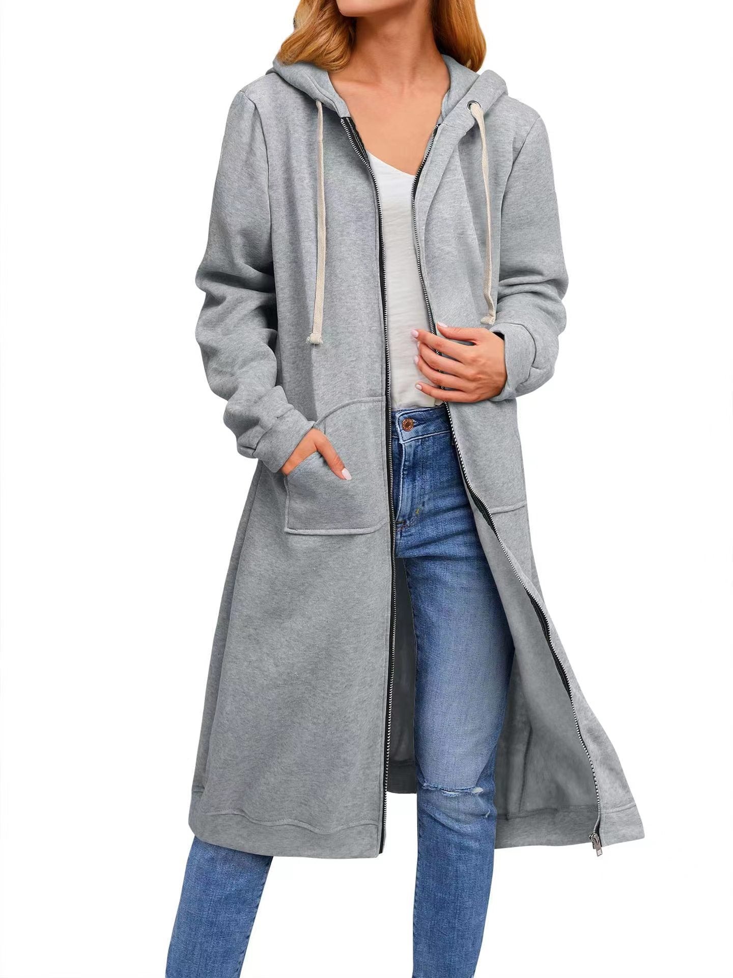 Damen Long Hoodie-Jacke aus bequemen Sweatmaterial mit Taschen R&B