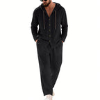 Herren nan zweiteiliges Lounge-Set mit Knopf-Kapuzenhemd aus Kreppjersey und gerader Tunnelzughose R&B