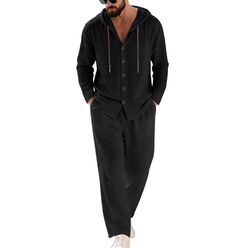 Herren nan zweiteiliges Lounge-Set mit Knopf-Kapuzenhemd aus Kreppjersey und gerader Tunnelzughose R&B