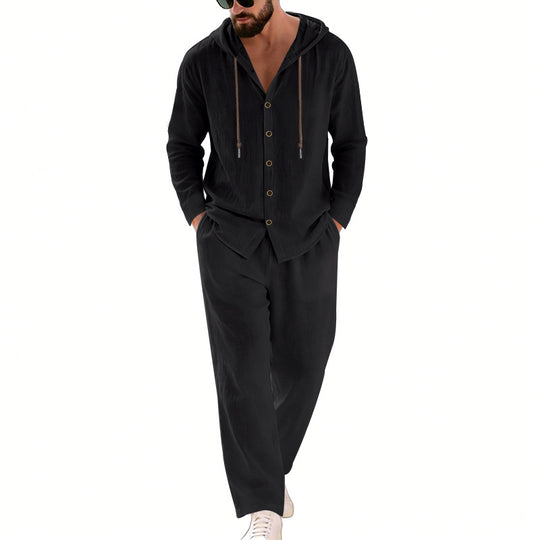 Herren nan zweiteiliges Lounge-Set mit Knopf-Kapuzenhemd aus Kreppjersey und gerader Tunnelzughose R&B