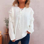 Damen Oversize-Strickpullover mit verspieltem Fransen-Design und Zopfmuster R&B