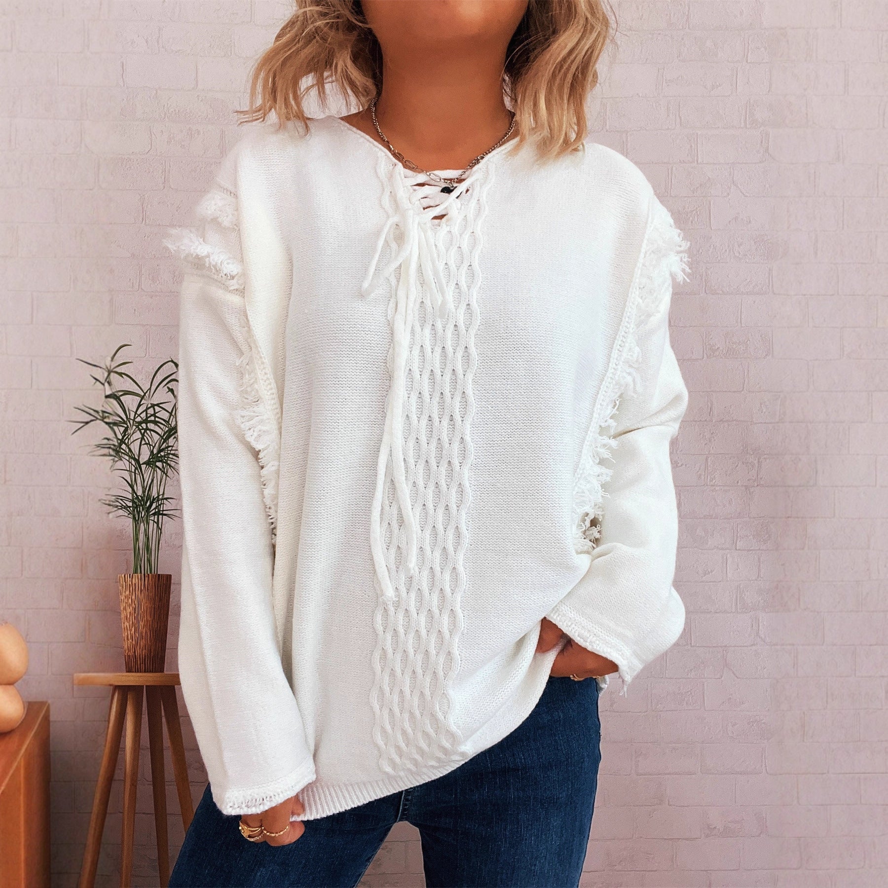Damen Oversize-Strickpullover mit verspieltem Fransen-Design und Zopfmuster R&B