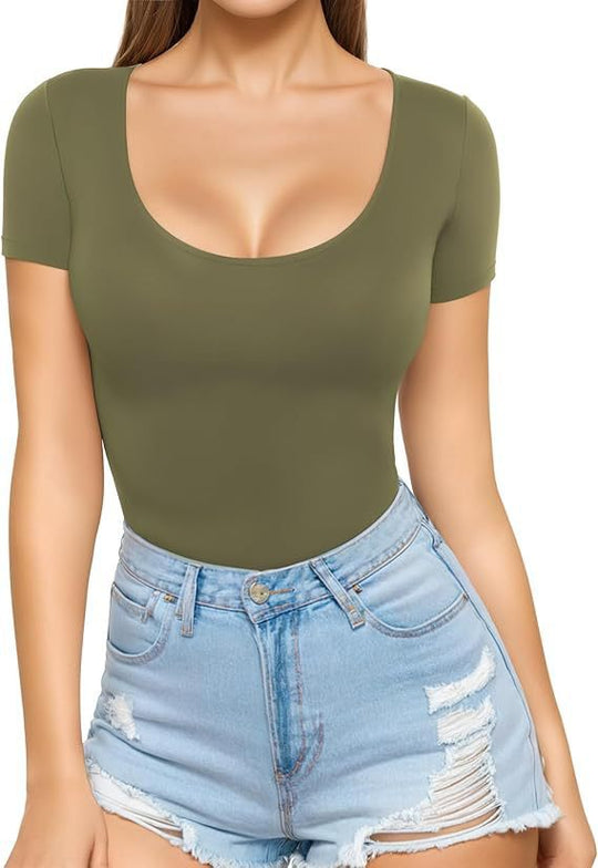 Damen figurbetontes Kurzarm-Body mit rundem Ausschnitt und nahtlosem Design R&B