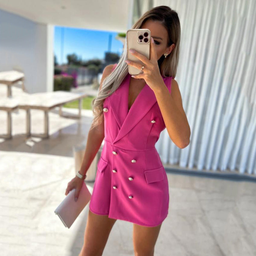 Damen elegantes Blazer-Kleid mit doppelt gearbeiteten Knöpfen und Eingrifftaschen R&B