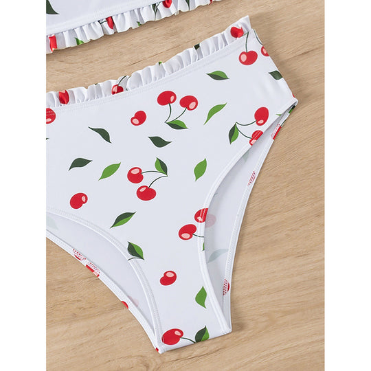 Damen Bandeau-Bikini mit fröhlichem Kirschmuster und eleganter Rüsche R&B