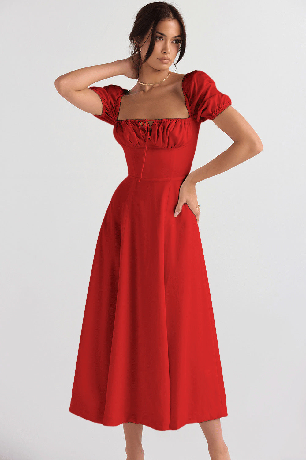 Damen Midi-Kleid mit gerafftem Oberkörper und ausgestelltem Rock R&B