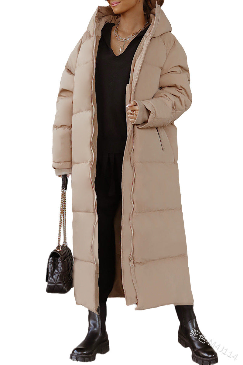 R&B | Damen Lange Pufferjacke mit Kapuze und Warm Gefüttertem Innenraum