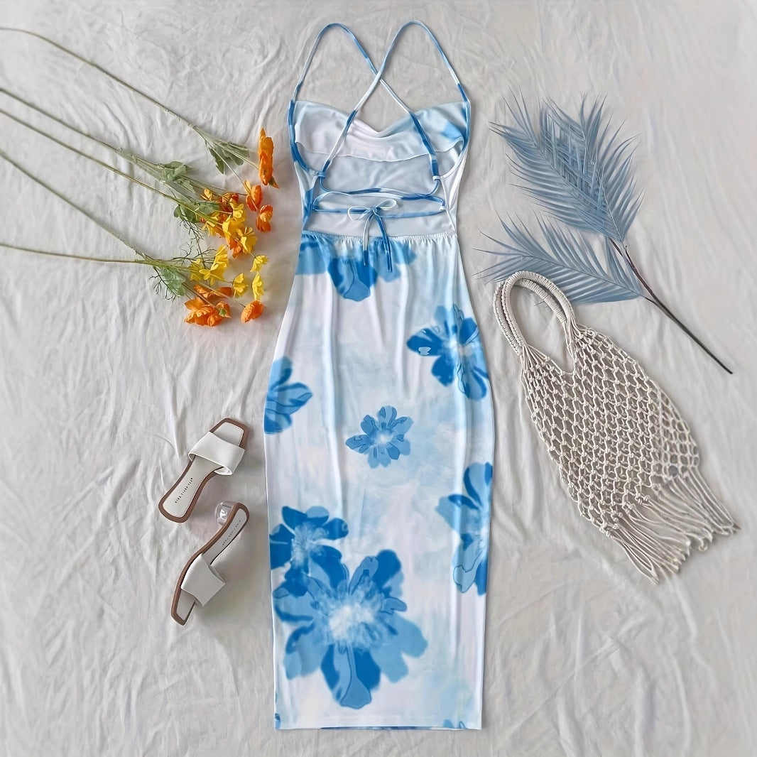 Damen figurbetontes Maxikleid mit attraktiven Spaghettiträgern und floralen Mustern R&B
