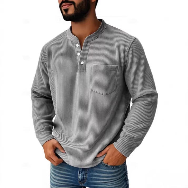 Herren nan thermisches Waffelstrick-Henleyshirt mit Stehkragen Brusttasche und geripptem Komfortschnitt R&B