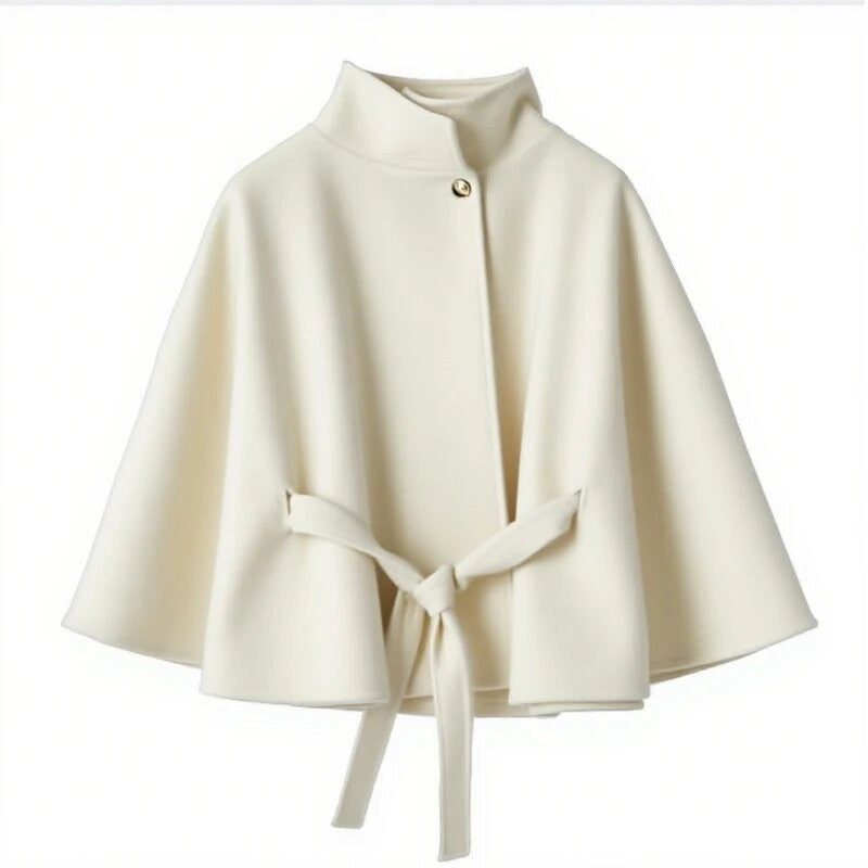 Damen elegante Umhangjacke mit Bindegürtel und hochgeschlossenem Kragen R&B