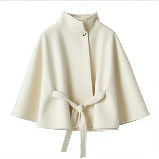 Damen elegante Umhangjacke mit Bindegürtel und hochgeschlossenem Kragen R&B