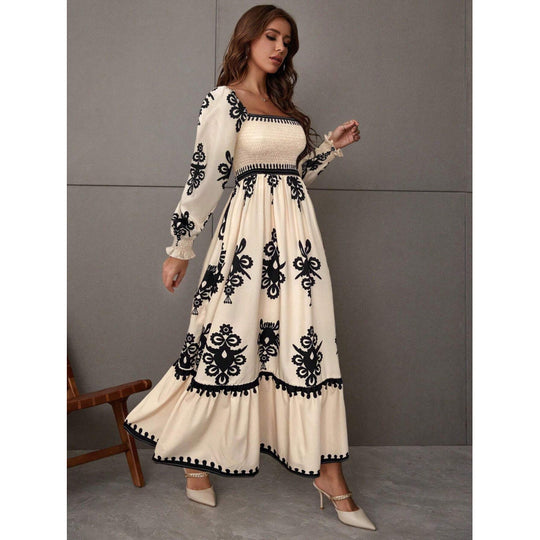 Damen Maxikleid mit Puffärmeln und elegantem Stickmuster R&B