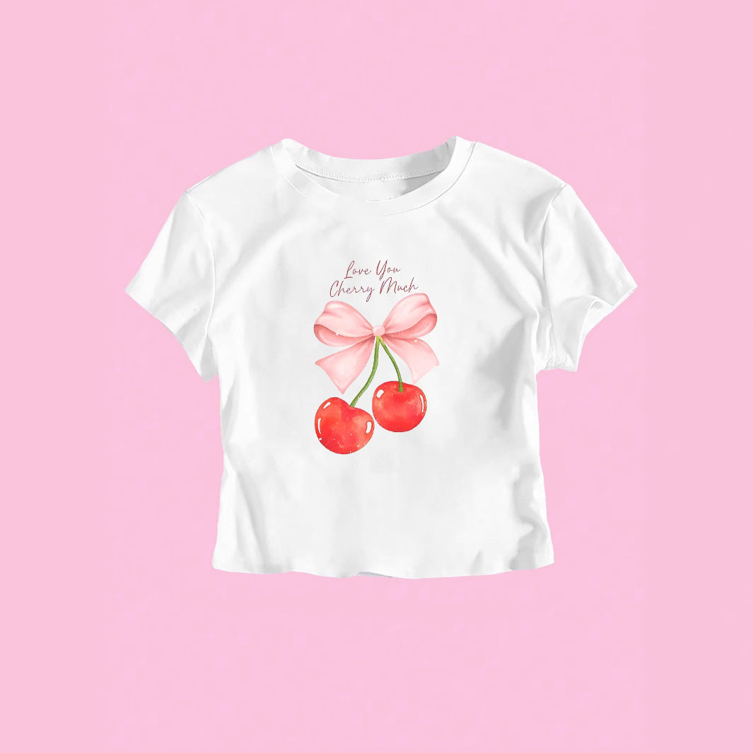 Damen Crop-Top mit fröhlichem Kirschmotiv und Schleifendruck R&B