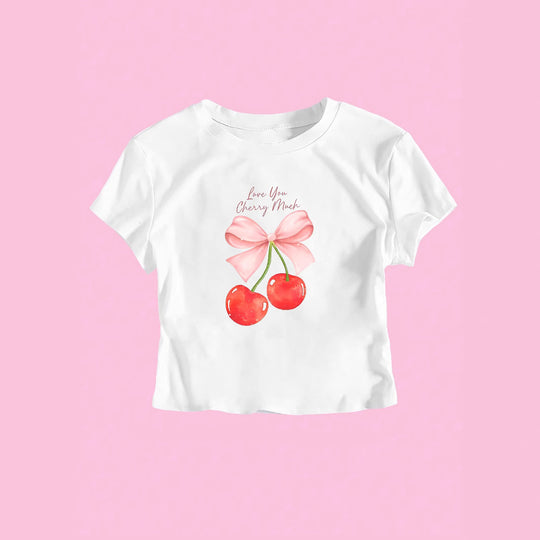 Damen Crop-Top mit fröhlichem Kirschmotiv und Schleifendruck R&B