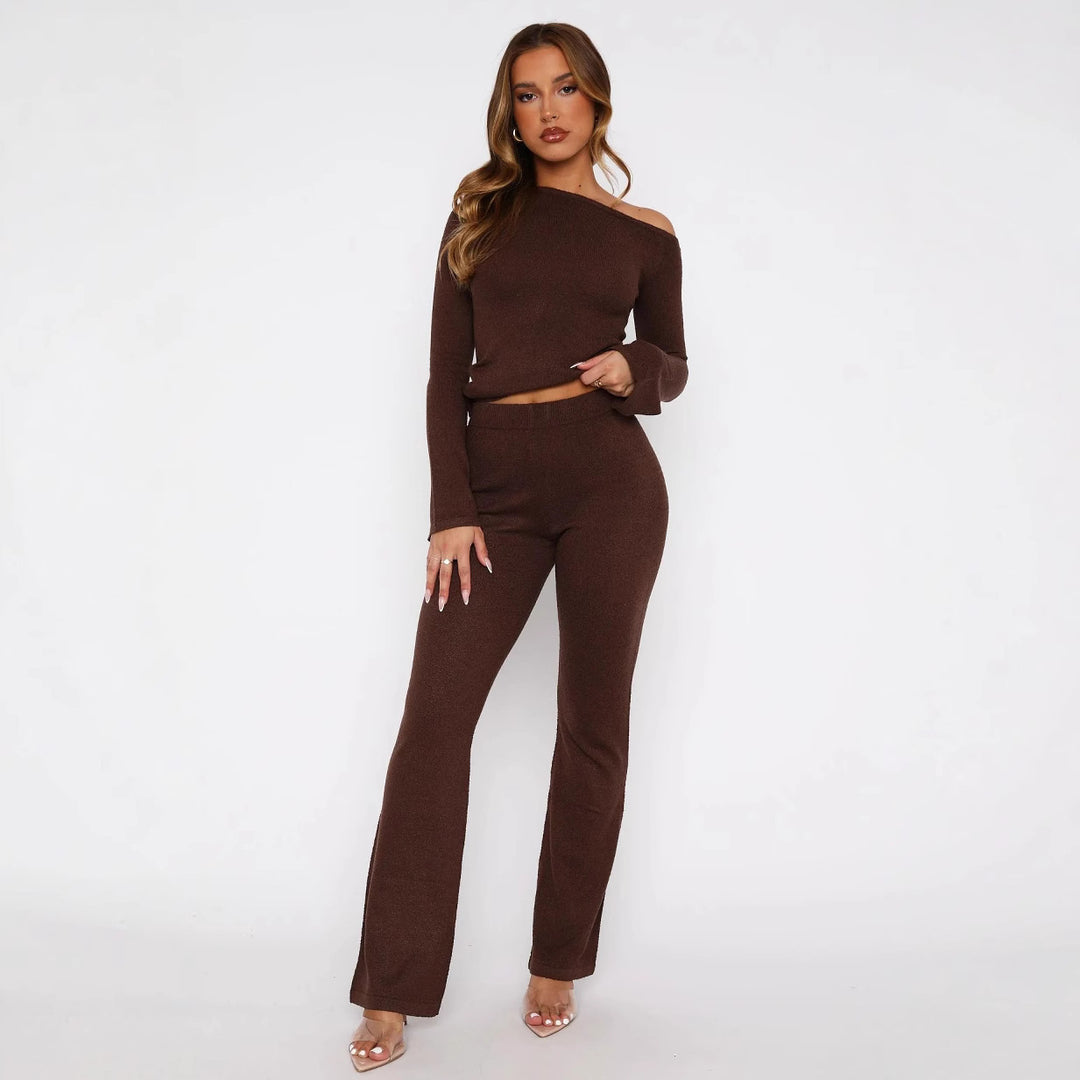 Damen elegantes Strick-Set mit Off-Shoulder-Oberteil und weiter Hose R&B