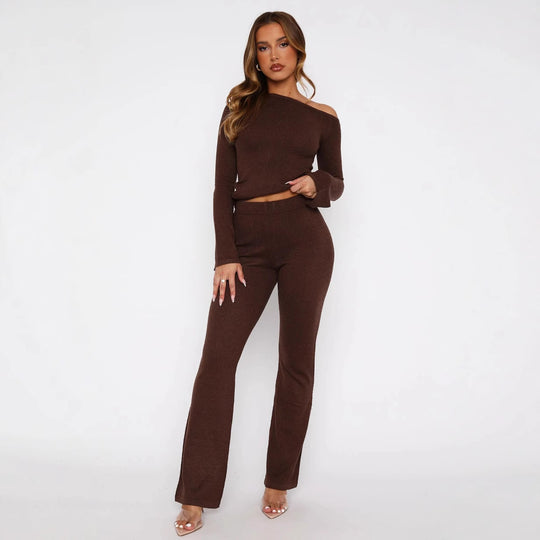 Damen elegantes Strick-Set mit Off-Shoulder-Oberteil und weiter Hose R&B