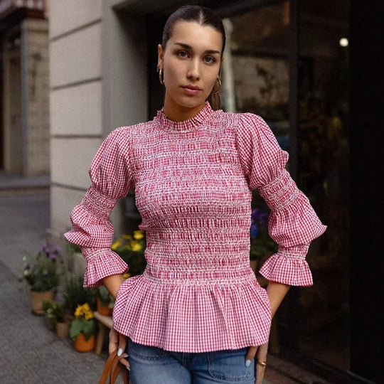 Damen Rüschenbluse mit Gingham-Muster und eleganten Puffärmeln R&B