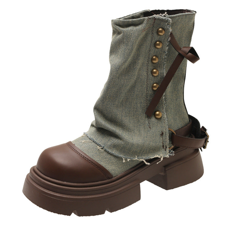 Damen Modische Chunky Stiefeletten mit dekorativem Riemen und robustem Profil R&B