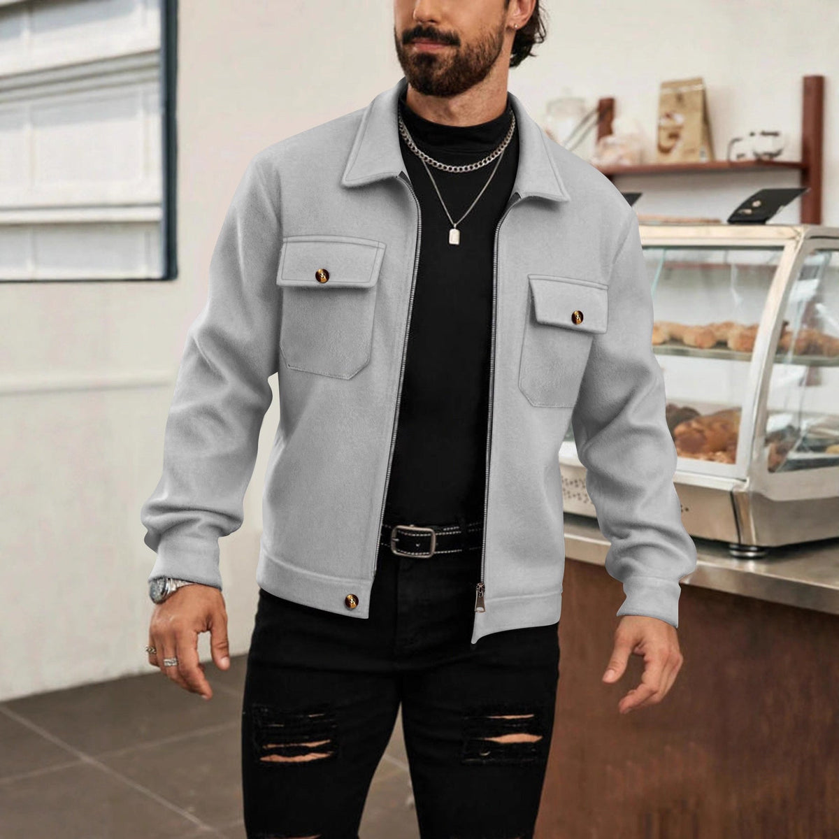 Herren nan CPO-inspiriertes Overshirt-Jacke mit aufgesetzten Brusttaschen und Reißverschluss R&B