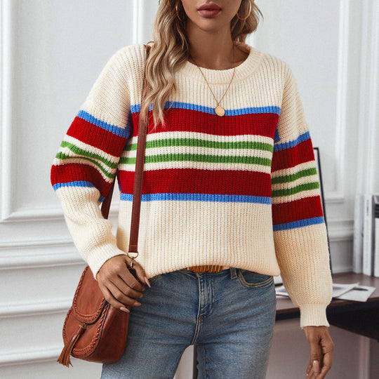 Damen lockerer Strickpullover mit buntem Blockstreifen und Rundhalsausschnitt R&B