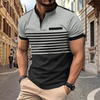 Herren nan kurzärmeliges Streifen-Kurzarmshirt mit Knopfleiste, Stehkragen und Brustpaspel R&B