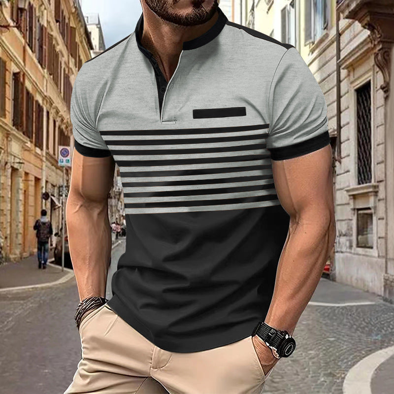 Herren nan kurzärmeliges Streifen-Kurzarmshirt mit Knopfleiste, Stehkragen und Brustpaspel R&B