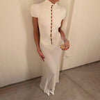 Damen Elegantes Maxikleid mit kurzer Knopfleiste und transparentem Stoff R&B