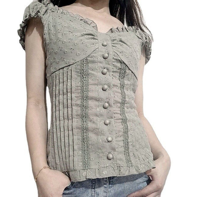 Damenbluse mit romantischem Rüschendesign und dekorativen Knopfdetails R&B