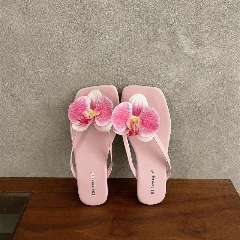 Damen Flip-Flops mit dekorativen Orchideen-Applikationen EB