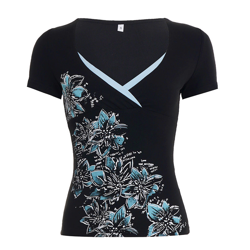 Damen figurbetontes T-Shirt mit floralem Druck und V-Ausschnitt R&B