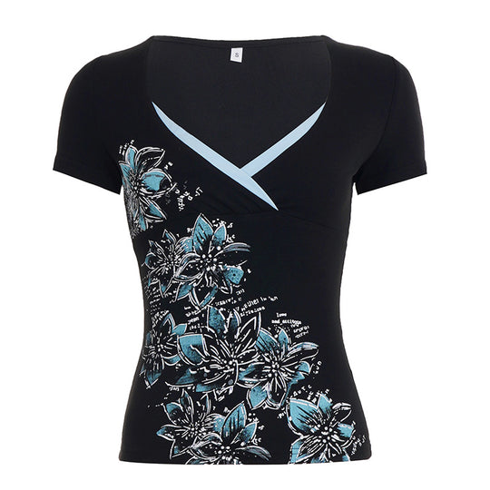 Damen figurbetontes T-Shirt mit floralem Druck und V-Ausschnitt R&B