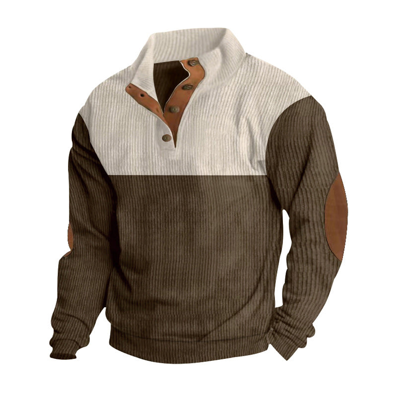 Herren nan lässiger Strickpullover mit Knopfleiste, Stehkragen und Ellenbogenpatches R&B