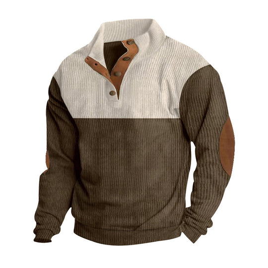 Herren nan lässiger Strickpullover mit Knopfleiste, Stehkragen und Ellenbogenpatches R&B