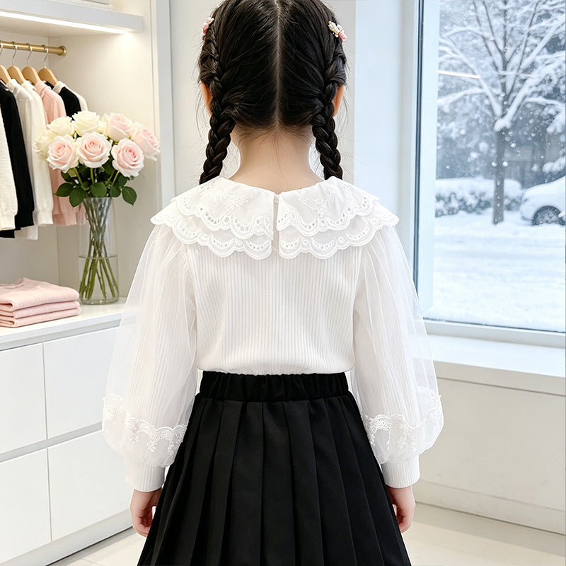 Mädchen Bluse mit Spitzenkragen und transparenten Ärmeln R&B
