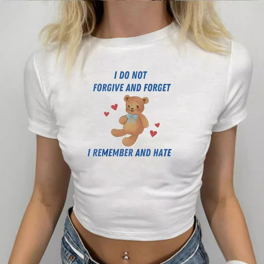 Damen Crop-T-Shirt mit kreativem Bärenmotiv und witzigem Spruch R&B