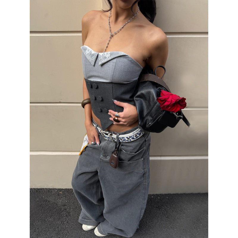 Damen Corsage mit Spitzenkragen und tailliertem Design R&B