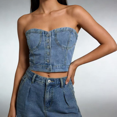 Damen Denim Bustier-Oberteil mit Knopfdetails und tailliertem Schnitt R&B