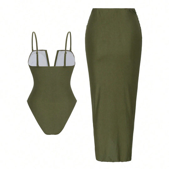 Damen One-Piece Badeanzug mit elegantem Wickelrock R&B