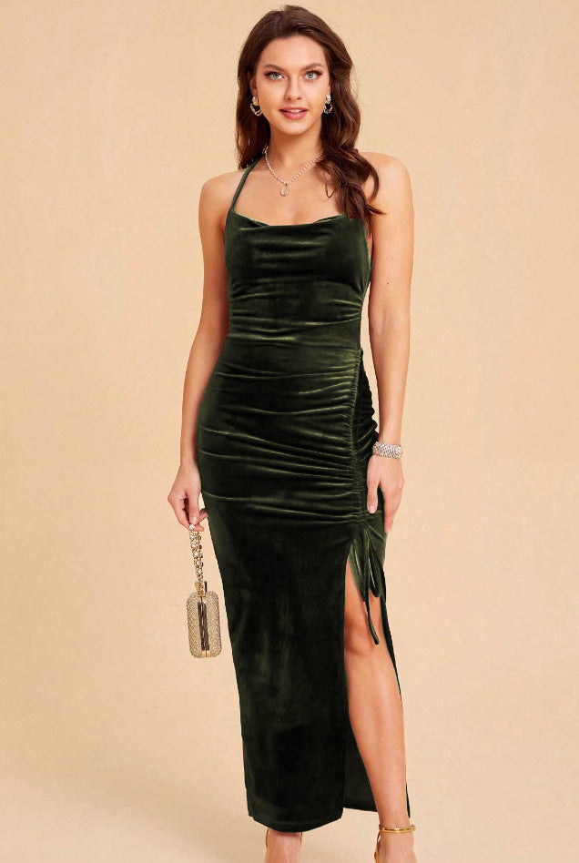 Damen Elegantes Samtmaxikleid mit anpassbarem Schlitz und raffinierter Raffung R&B