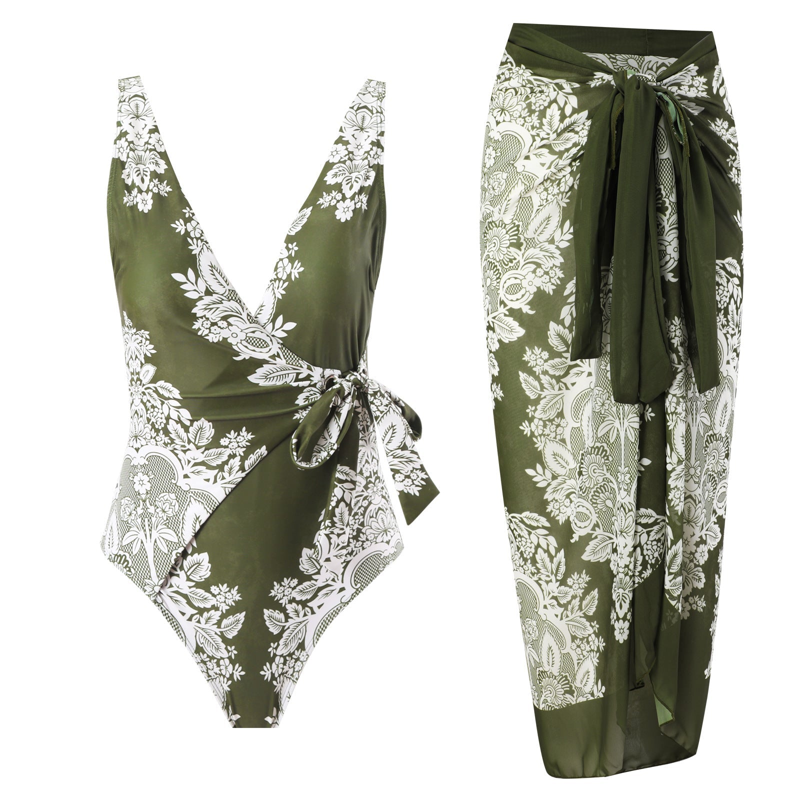 Damen Badeanzug mit modischem Wickelrock und floralem Design R&B