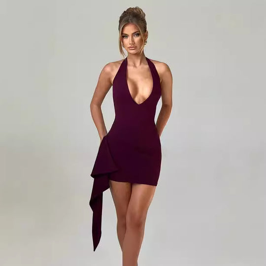 Damen Elegantes Cocktailkleid mit asymmetrischem Saum und tiefem V-Ausschnitt R&B