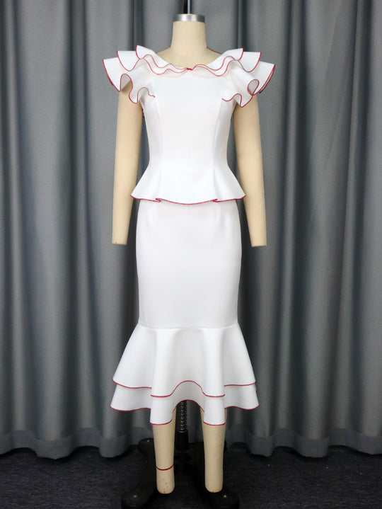 Damen figurbetontes Kleid mit voluminösem Rüschensaum und farbigem Akzent R&B