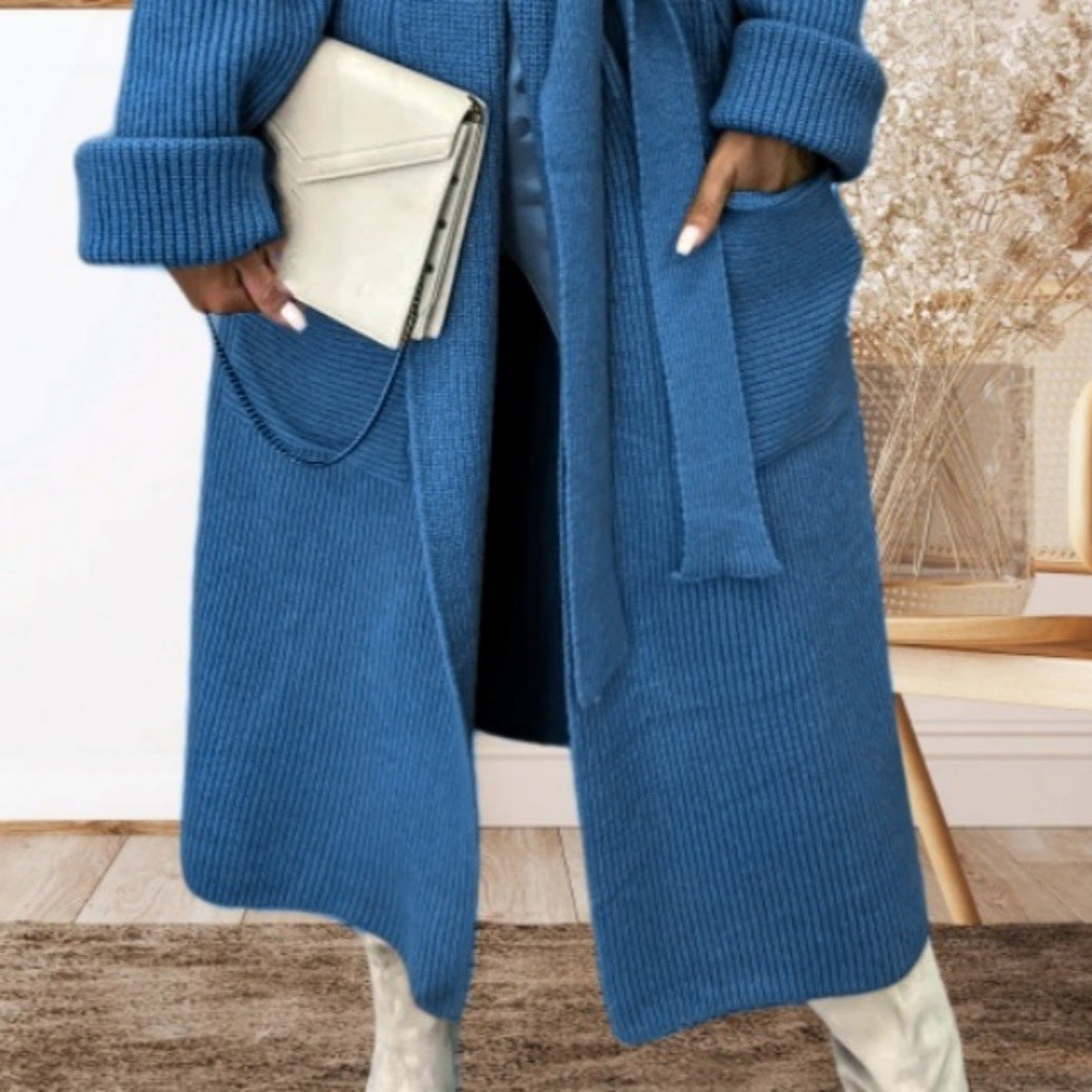 Damen Strickmantel mit Gürtel und breiten Revers R&B