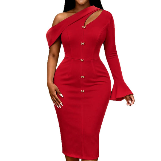 Damen elegantes One-Shoulder Kleid mit dekorativen Knopfdetails R&B