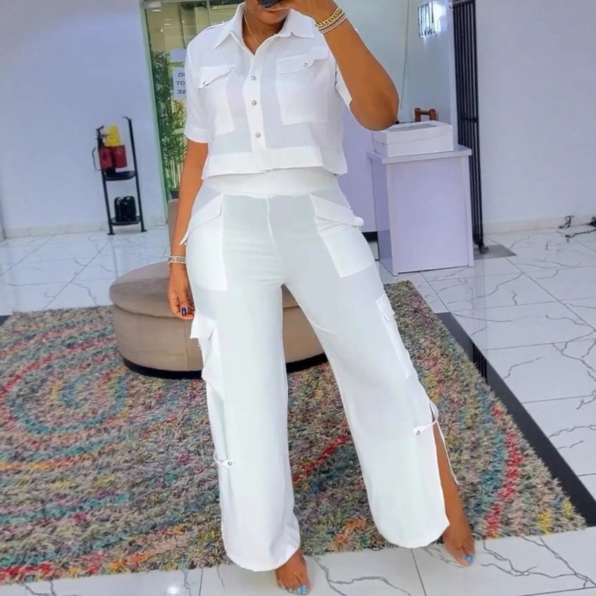 Damen nan zweiteiliges Hemd- und Cargo-Hosen-Set mit kurzem Oversize-Hemd, hoher Taille, weitem Bein und seitlichen Beinschlitzen R&B