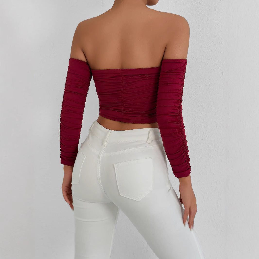 Damen Off-Shoulder Crop Top mit Faltenwurf R&B