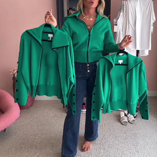 Damen nan kurze Kapuzen-Strickzipjacke mit breitem Rippbund und Zierknöpfen an Ärmeln R&B