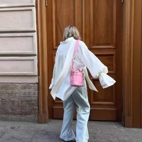 Damen Elegante Bluse mit Schleifenkragen und Volantärmeln R&B