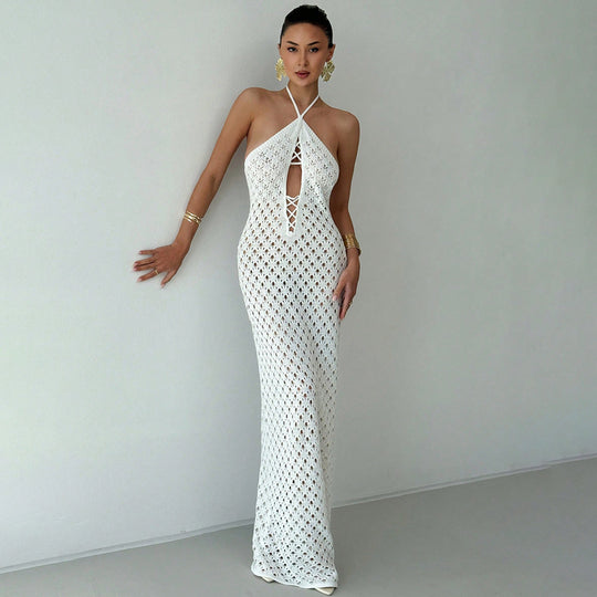 Damen Häkel-Maxikleid mit tiefer Ausschnitt R&B