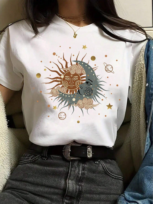 Damen T-Shirt mit kreativem Grafikdruck und luxuriösen Paillettenakzenten R&B